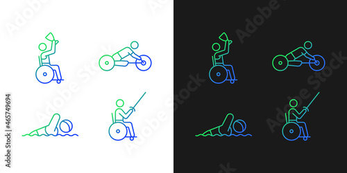Adaptive contests gradient icons set for dark and light mode. People with physical disability. Thin line contour symbols bundle. Isolated vector outline illustrations collection on black and white