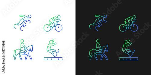 Adaptive sports gradient icons set for dark and light mode. Sportsman with prosthesis. Thin line contour symbols bundle. Isolated vector outline illustrations collection on black and white