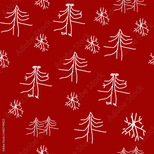 Vector. Christmas and New Year seamless pattern. White fir trees and white snowflakes on a red background in doodle style. Children's drawing. Print on fabric, endless background for wrapping paper.