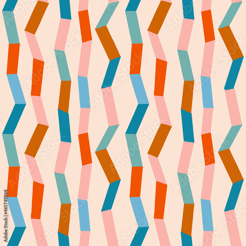 Irregular zig zag with vertical stripes illustration. Contemporary collage seamless pattern in vector with 70s color palette. Vector illustration