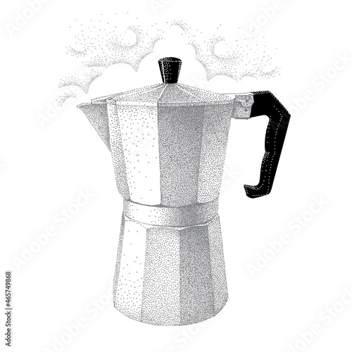 Geyser coffee maker. Hot Moka pot of grey color with steam. Vector hand drawn illustration in vintage style. Realistic sketch in retro. Pointillism.