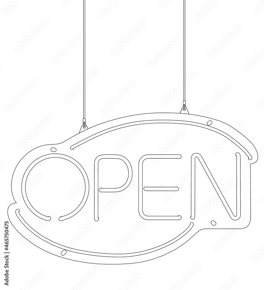 Contour of an advertising signboard with the word OPEN from black lines isolated on white background. Front view. Vector illustration Contour of an advertising signboard with the word OPEN from black lines isolated on white background. Front view. Vector illustration