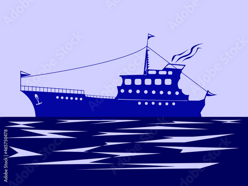 vector illustration depicting a silhouette of a fishing trawler against the background of the sea in a simplified style for prints on banners, open-source cards, flyers and for the design of logos