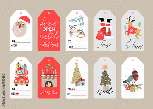 Christmas tags set with typography. Labels with Santa, deer, xmas tree, car