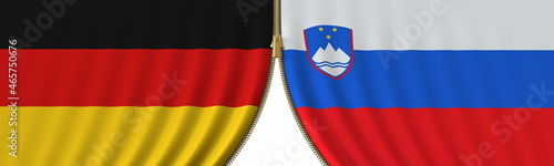 Germany and Slovenia political cooperation or conflict, flags and closing or opening zipper, conceptual 3D rendering