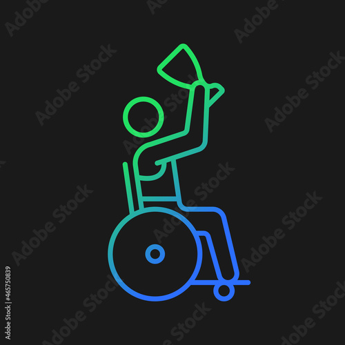 Competition winner with disability gradient vector icon for dark theme. Athlete holding prize cup. Disabled sportsmen. Thin line color symbol. Modern style pictogram. Vector isolated outline drawing