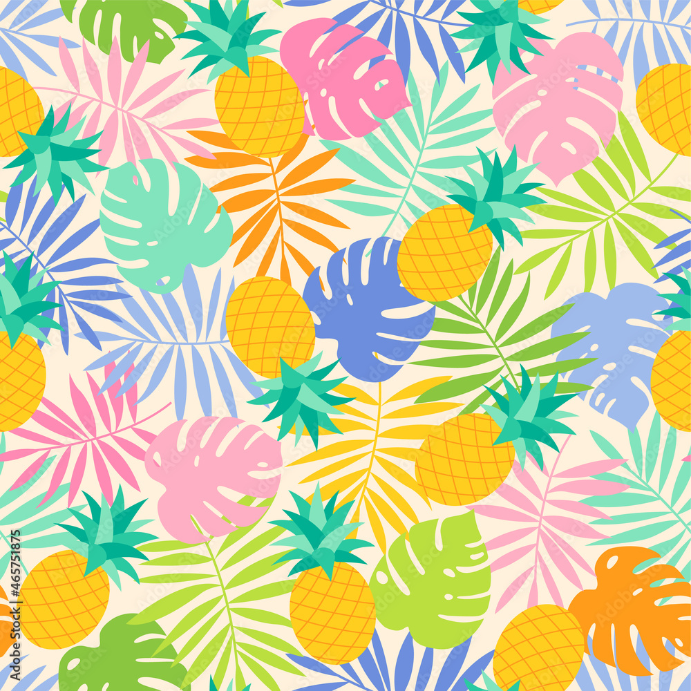 Colorful tropical leaf and pineapple seamless pattern background. Colorful tropical leaf and pineapple seamless pattern background.