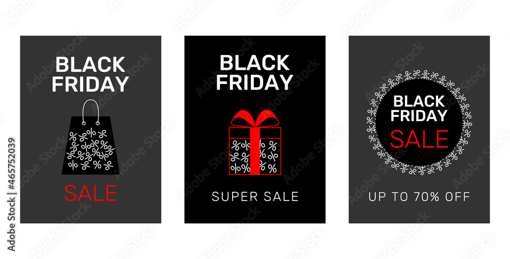 Black friday set of banners. Sale templates with gift box, per cents, package, lettering and up to 70% off on black matt background. Amazing design for offer. Vector illustration for social media post