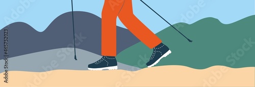 Nordic walking. Trek. Hiking. Trekking. Backpacking. Hiker in hiking shoes with nordic walking sticks. Active leisure. Health lifestyle. Outdoor recreation activity. Flat vector illustration. Isolated