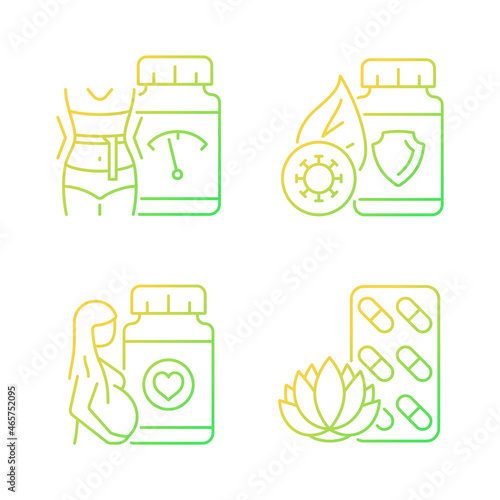 Food supplements gradient linear vector icons set. Pills for pregnant women. Antioxidants. Medicine for staying calm. Thin line contour symbols bundle. Isolated outline illustrations collection