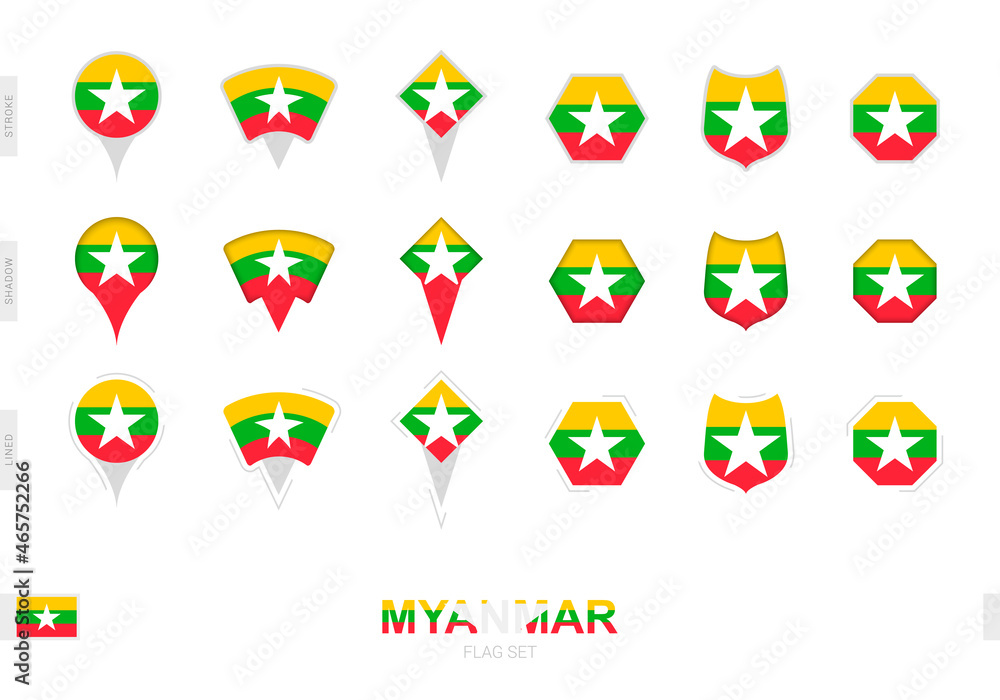Fototapeta premium Collection of the Myanmar flag in different shapes and with three different effects.