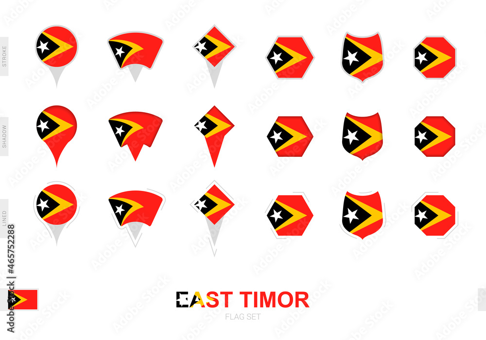 Collection of the East Timor flag in different shapes and with three different effects. Collection of the East Timor flag in different shapes and with three different effects.