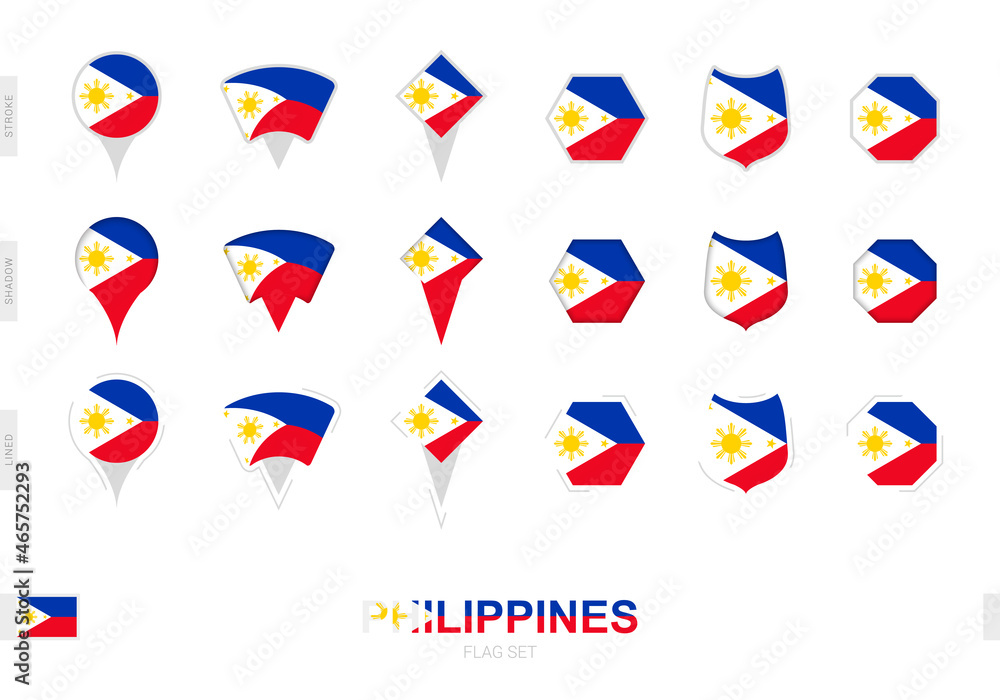 Collection of the Philippines flag in different shapes and with three different effects.