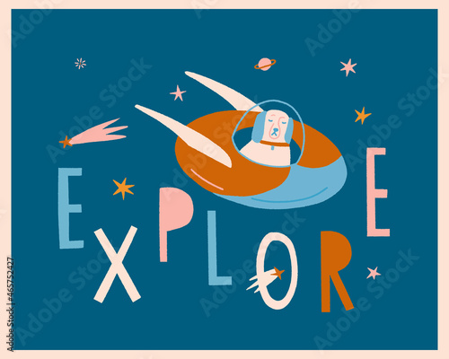 Funny card for school kid with dog cosmonaut explore cosmos with comets, stars and planets on background. Vector illustration