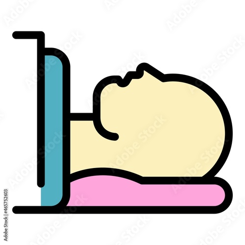 Man lying in tomograph icon. Outline man lying in tomograph vector icon color flat isolated