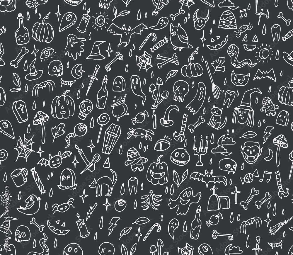 Halloween orange festive seamless pattern. Endless background with pumpkins, skulls, bats, spiders, ghosts, bones, candies, spider web and speech bubble with boo Halloween orange festive seamless pattern. Endless background with pumpkins, skulls, bats, spiders, ghosts, bones, candies, spider web and speech bubble with boo