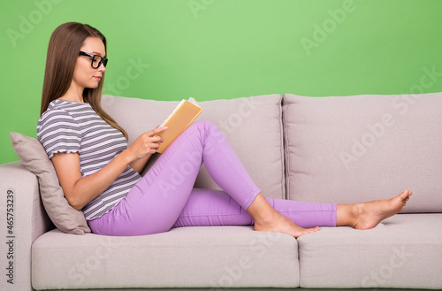 Profile side view portrait of attractive cheery girl sitting on divan reading interesting book isolated over bright green color background