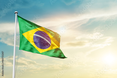 Brazil national flag cloth fabric waving on the sky - Image photo