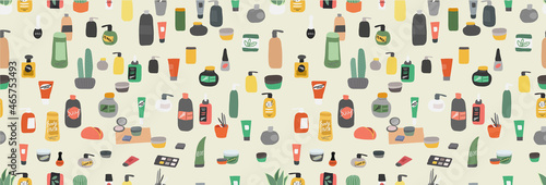 Vector seamless pattern with natural organic cosmetics products in bottles, jars, tubes for skin in trendy hand drawn style. Skincare routine. Cartoon vector