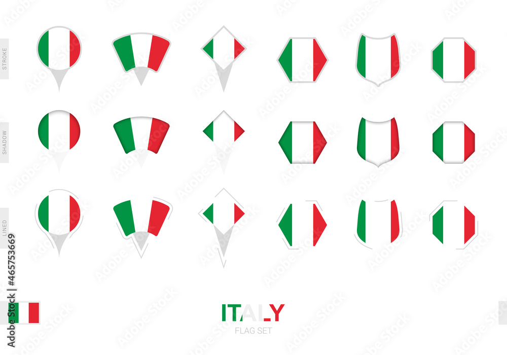 Collection of the Italy flag in different shapes and with three different effects. Collection of the Italy flag in different shapes and with three different effects.