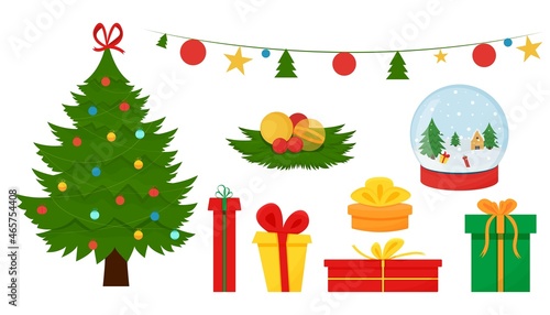 Christmas set of decorative winter items - toys, gift boxes, balloons, garlands, Christmas trees isolated on a white background. Flat cartoon style vector illustration.