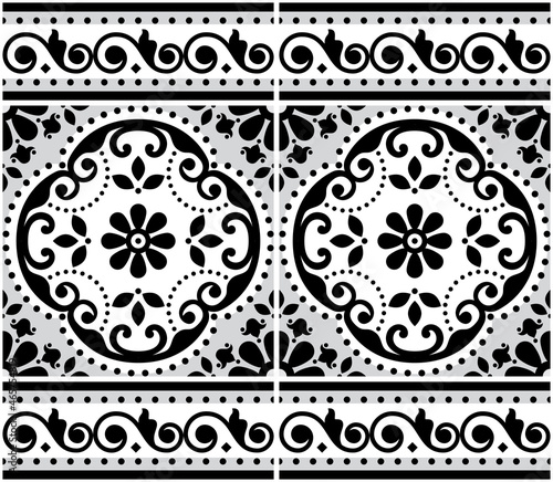 Lisbon Azulejo tiles seamless vector pattern with frame or border, Portuguese black and white retro design with flowers, swirls and geometric shapes
