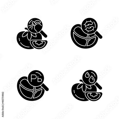 Food contaminant testing black glyph icons set on white space. Heavy metals and pesticide residue detection. Product content analysis. Silhouette symbols. Vector isolated illustration