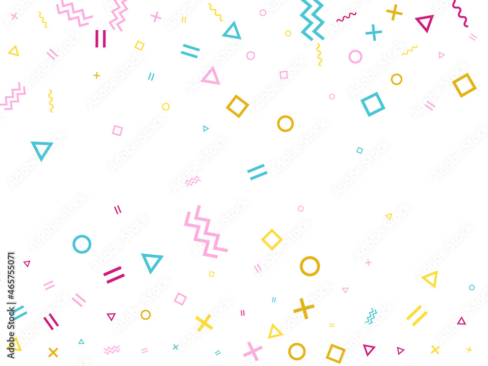 Memphis style geometric confetti background with triangle, circle, square, zigzag and wavy line Memphis style geometric confetti background with triangle, circle, square, zigzag and wavy line