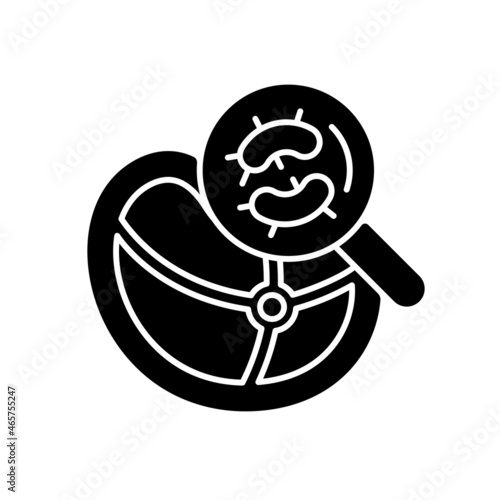Pathogen testing black glyph icon. Food contaminant. Bacteria and virus detection. Reduce foodborne illnesses. Laboratory food testing. Silhouette symbol on white space. Vector isolated illustration