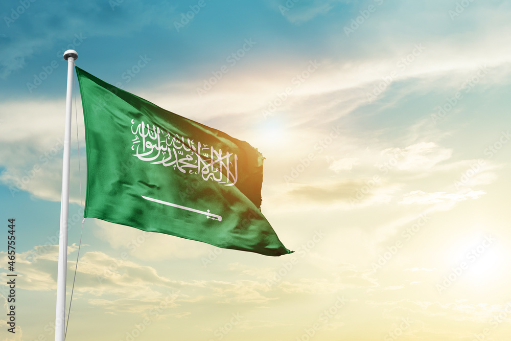 Saudi Arabia National Flag Cloth Fabric Waving On The Sky - Image Stock ...