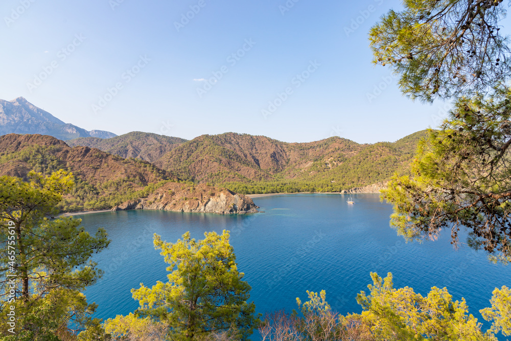 Beautiful nature landscape of Turkey coastline. View from Lycian way to small bay of Mediterrain sea. This is ancient trekking path famous among hikers.