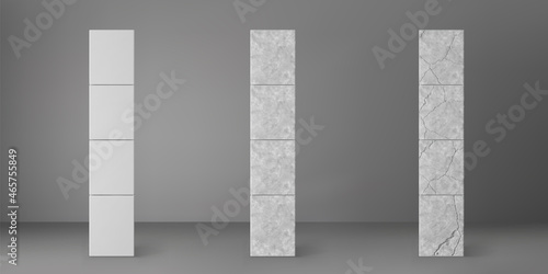 Concrete square columns set with cracks isolated on grey background. Realistic old cement 3d pillar for modern room interior or bridge construction. Concrete pole base