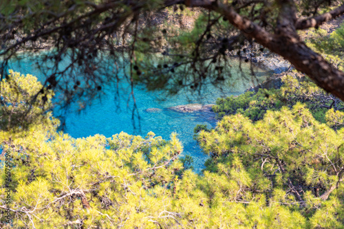 Beautiful nature landscape of Turkey coastline. View from Lycian way to small bay with turquoise water . This is ancient trekking path famous among hikers.