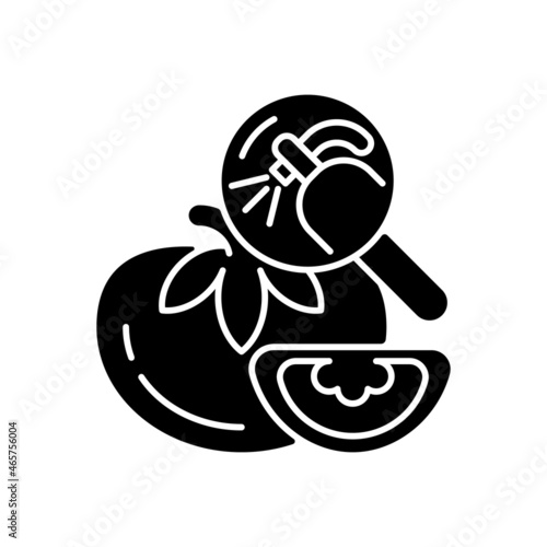 Pesticide residue testing black glyph icon. Food product pesticide hazard detection. Chemical and microbiological analysis. Silhouette symbol on white space. Vector isolated illustration