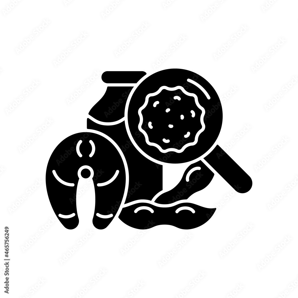 Food allergen testing black glyph icon. Allergic reaction causing substance detection. Ensure nutrition safety and quality. Silhouette symbol on white space. Vector isolated illustration Food allergen testing black glyph icon. Allergic reaction causing substance detection. Ensure nutrition safety and quality. Silhouette symbol on white space. Vector isolated illustration