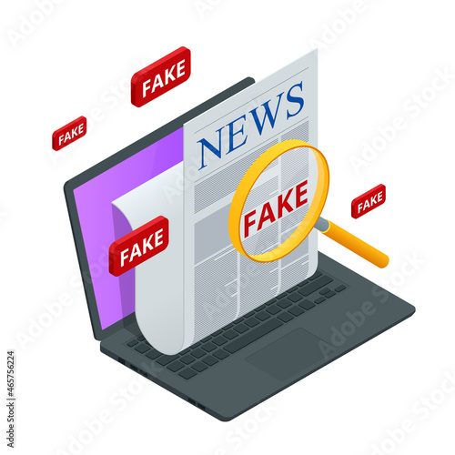 Isometric Fake News Concept. Fake Newspaper Portal. Online Corona Fake news on a laptop.