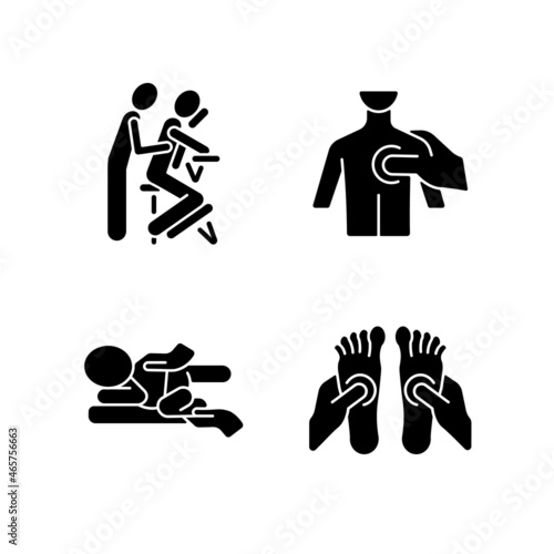 Massage therapy techniques black glyph icons set on white space. Pressing on trigger points. Treating newborn colic. Foot reflexology. Seated massage. Silhouette symbols. Vector isolated illustration