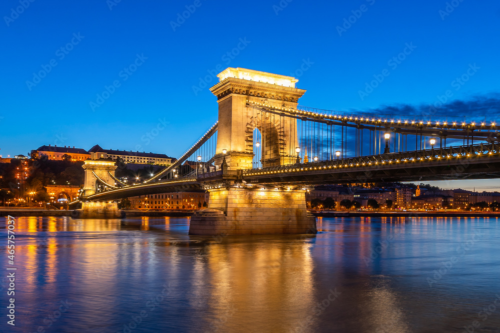 Budapest, Hungary - 22 September, 2020: Twilight image of Szecenyi Lanchid or Chain Bridge over Danube River in Budapest, Hungary