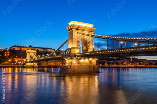 Budapest, Hungary - 22 September, 2020: Twilight image of Szecenyi Lanchid or Chain Bridge over Danube River in Budapest, Hungary