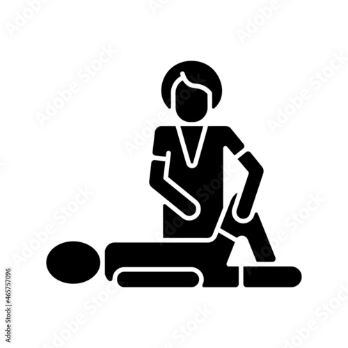 Sport massage black glyph icon. Help with injury recovery. Enhance athletic performance. Soft tissue mobilization. Muscles manipulation. Silhouette symbol on white space. Vector isolated illustration