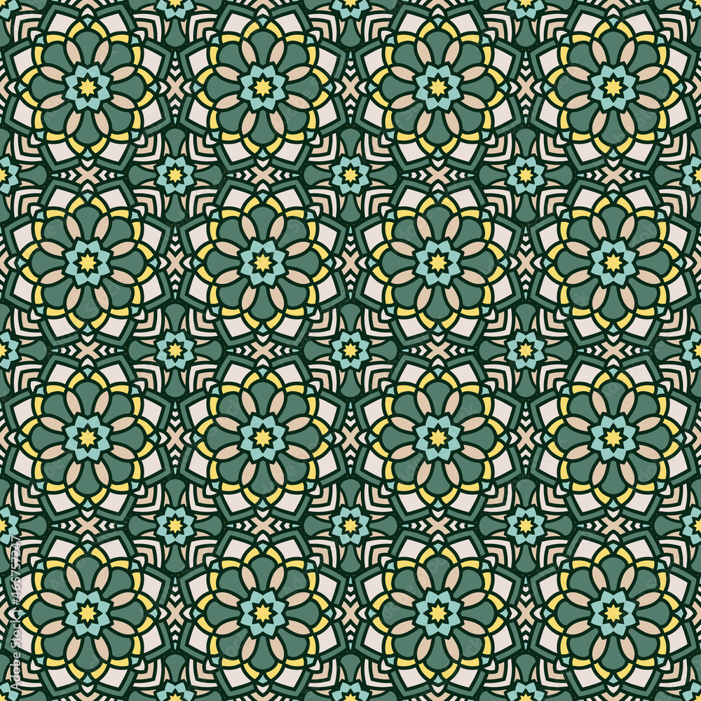 Abstract seamless mandala background. Texture in green and yellow colors. Oriental pattern for design, fashion print, scrapbooking