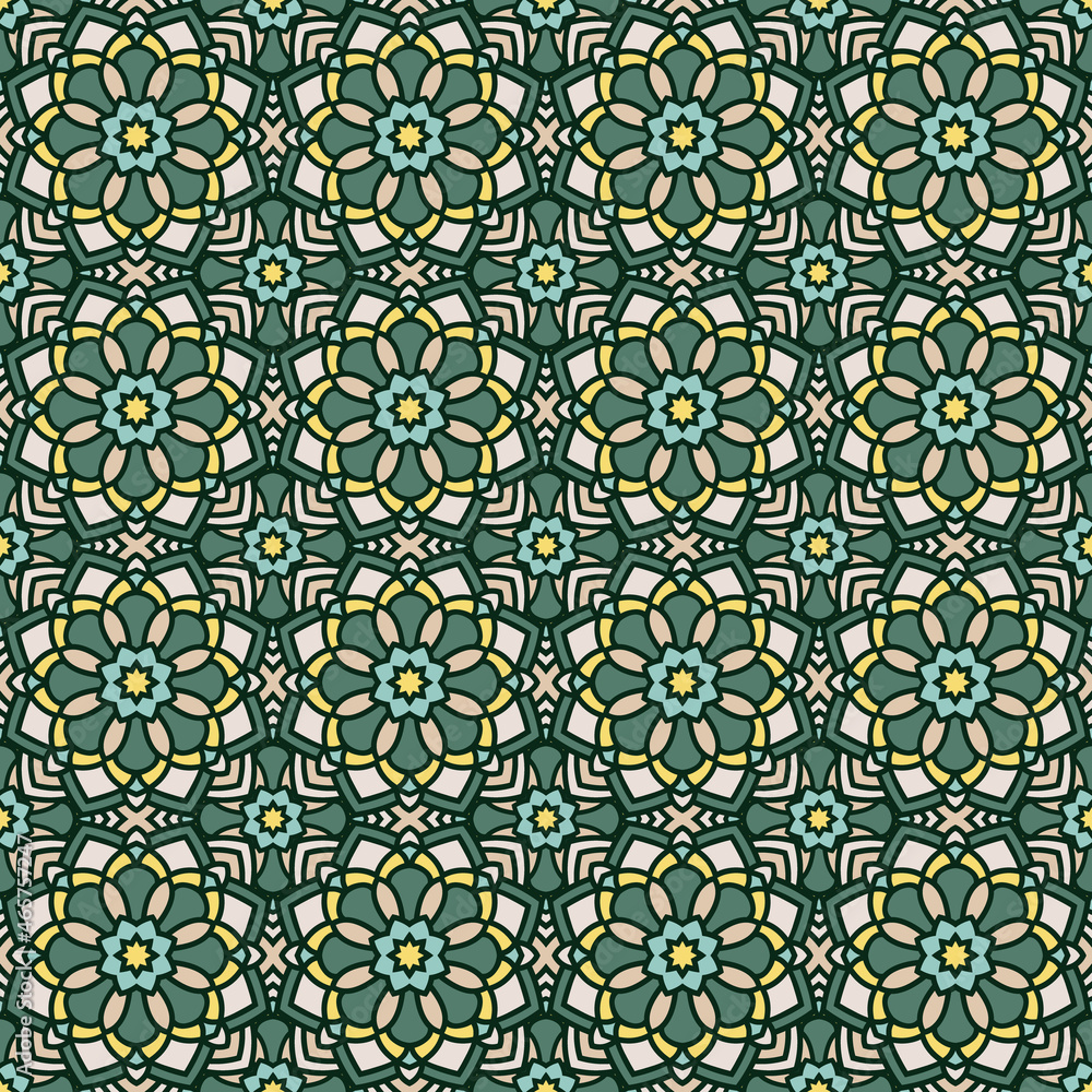 Abstract seamless mandala background. Texture in green and yellow colors. Oriental pattern for design, fashion print, scrapbooking Abstract seamless mandala background. Texture in green and yellow colors. Oriental pattern for design, fashion print, scrapbooking