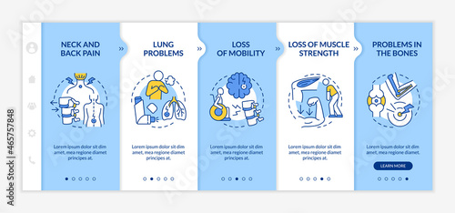 Physical health problems onboarding vector template. Responsive mobile website with icons. Web page walkthrough 5 step screens. Physiotherapy color concept with linear illustrations