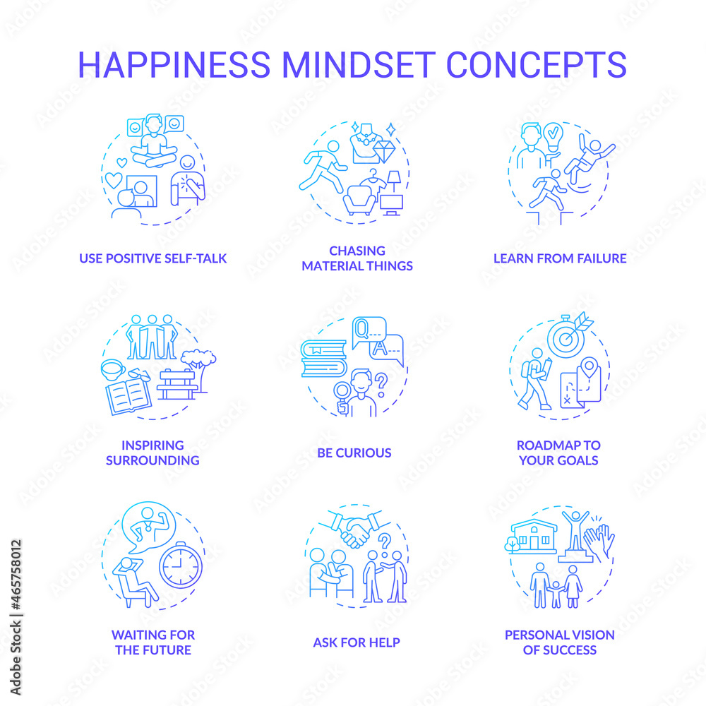 Happiness mindset blue gradient concept icons set. Personal growth idea thin line color illustrations. Becoming happy. Self vision of success. Goal setting. Vector isolated outline drawings