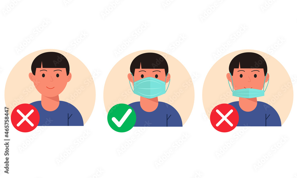 No entry without wearing a mask. Person man with and without a medical mask. Infographic.