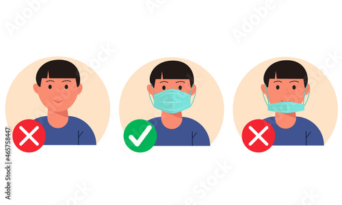 No entry without wearing a mask. Person man with and without a medical mask. Infographic.