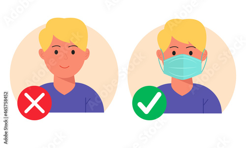 No entry without wearing a mask. Man with and without a medical mask. Infographic.