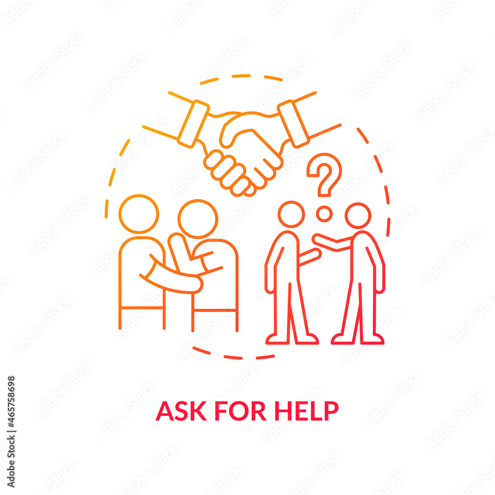 Ask for help red gradient concept icon. Happiness mindset strategy abstract idea thin line illustration. Importance of collaboration and support. Vector isolated outline color drawing Ask for help red gradient concept icon. Happiness mindset strategy abstract idea thin line illustration. Importance of collaboration and support. Vector isolated outline color drawing