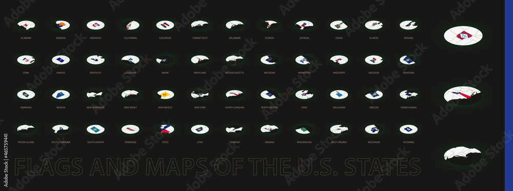 Collection of oval maps and flags of the U.S. states in dark color. Collection of oval maps and flags of the U.S. states in dark color.
