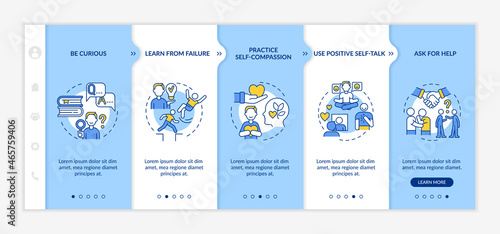 Happiness mindset strategies onboarding vector template. Responsive mobile website with icons. Web page walkthrough 5 step screens. Become happy and confident color concept with linear illustrations
